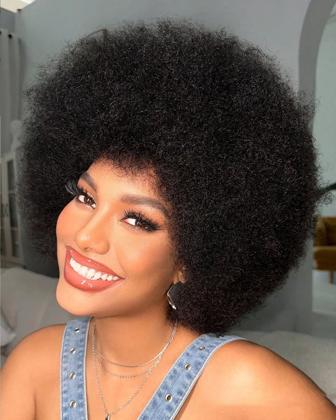Afro Fluffy Curly Human Hair Wigs 70S Jerry Curl Wig One Wig Two Stlyes Glueless Wig Puffy Bouncy Wig Bouncy Wet and Dry Styling - MAGUSTA BEAUTY