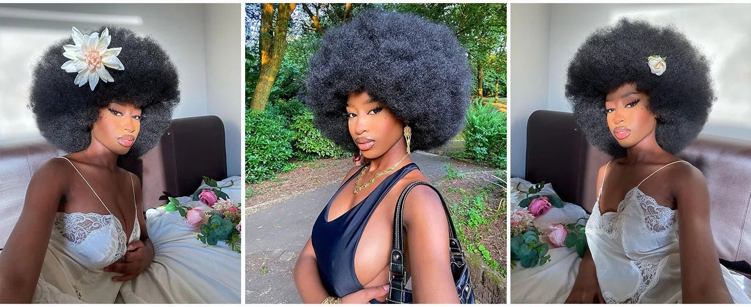 Afro Fluffy Curly Human Hair Wigs 70S Jerry Curl Wig One Wig Two Stlyes Glueless Wig Puffy Bouncy Wig Bouncy Wet and Dry Styling - MAGUSTA BEAUTY