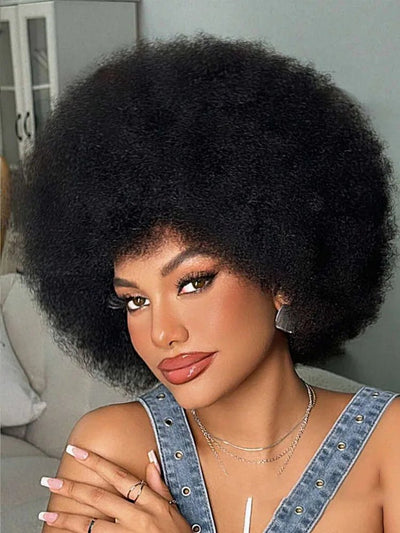 Afro Fluffy Curly Human Hair Wigs 70S Jerry Curl Wig One Wig Two Stlyes Glueless Wig Puffy Bouncy Wig Bouncy Wet and Dry Styling - MAGUSTA BEAUTY