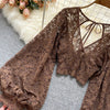 Autumn Black/White/Brown Sexy Lace Blouse Women Elegant V-Neck Puff Long Sleeve Open Back Short Tops Female Party Blusas 2021 - MAGUSTA BEAUTY
