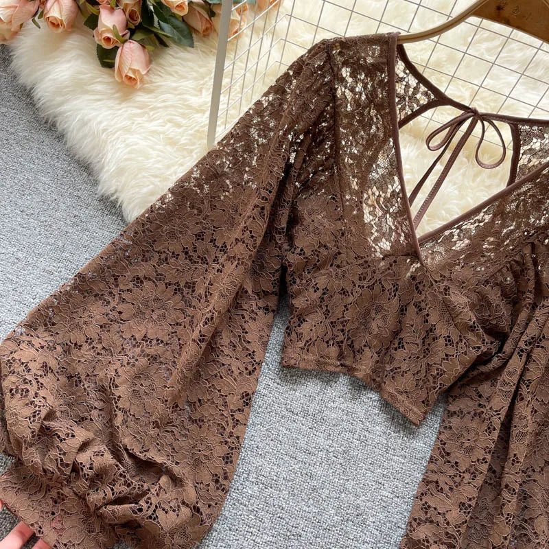 Autumn Black/White/Brown Sexy Lace Blouse Women Elegant V-Neck Puff Long Sleeve Open Back Short Tops Female Party Blusas 2021 - MAGUSTA BEAUTY