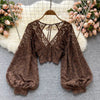 Autumn Black/White/Brown Sexy Lace Blouse Women Elegant V-Neck Puff Long Sleeve Open Back Short Tops Female Party Blusas 2021 - MAGUSTA BEAUTY