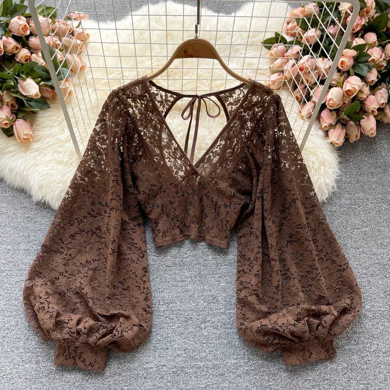 Autumn Black/White/Brown Sexy Lace Blouse Women Elegant V-Neck Puff Long Sleeve Open Back Short Tops Female Party Blusas 2021 - MAGUSTA BEAUTY
