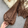 Autumn Black/White/Brown Sexy Lace Blouse Women Elegant V-Neck Puff Long Sleeve Open Back Short Tops Female Party Blusas 2021 - MAGUSTA BEAUTY