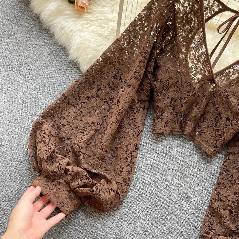 Autumn Black/White/Brown Sexy Lace Blouse Women Elegant V-Neck Puff Long Sleeve Open Back Short Tops Female Party Blusas 2021 - MAGUSTA BEAUTY