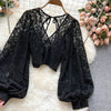 Autumn Black/White/Brown Sexy Lace Blouse Women Elegant V-Neck Puff Long Sleeve Open Back Short Tops Female Party Blusas 2021 - MAGUSTA BEAUTY
