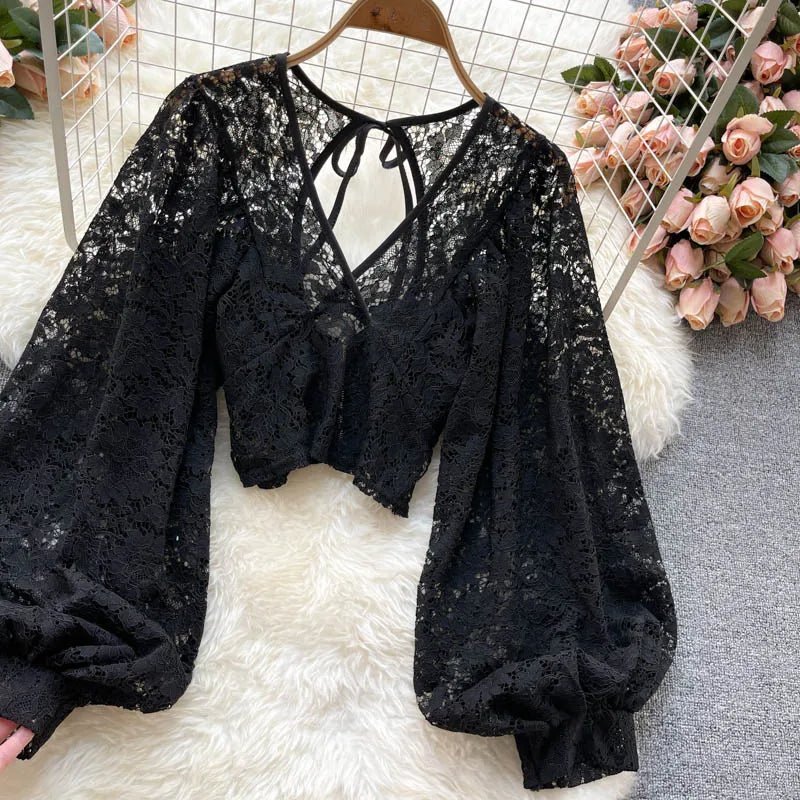 Autumn Black/White/Brown Sexy Lace Blouse Women Elegant V-Neck Puff Long Sleeve Open Back Short Tops Female Party Blusas 2021 - MAGUSTA BEAUTY