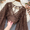 Autumn Black/White/Brown Sexy Lace Blouse Women Elegant V-Neck Puff Long Sleeve Open Back Short Tops Female Party Blusas 2021 - MAGUSTA BEAUTY