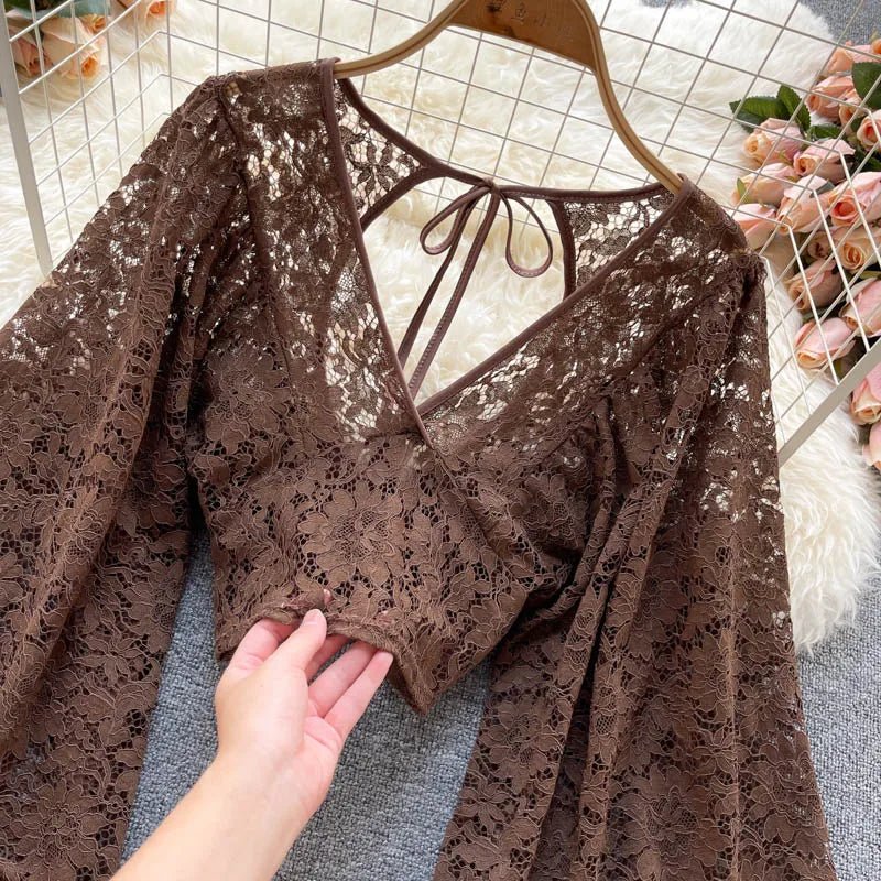 Autumn Black/White/Brown Sexy Lace Blouse Women Elegant V-Neck Puff Long Sleeve Open Back Short Tops Female Party Blusas 2021 - MAGUSTA BEAUTY