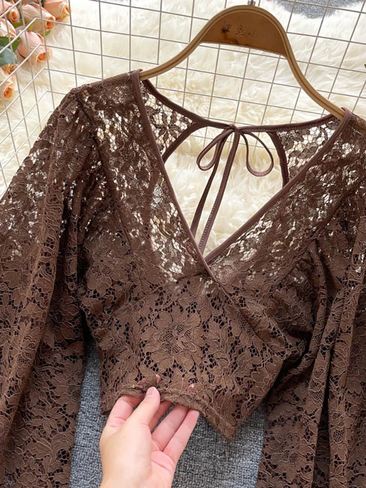 Autumn Black/White/Brown Sexy Lace Blouse Women Elegant V-Neck Puff Long Sleeve Open Back Short Tops Female Party Blusas 2021 - MAGUSTA BEAUTY