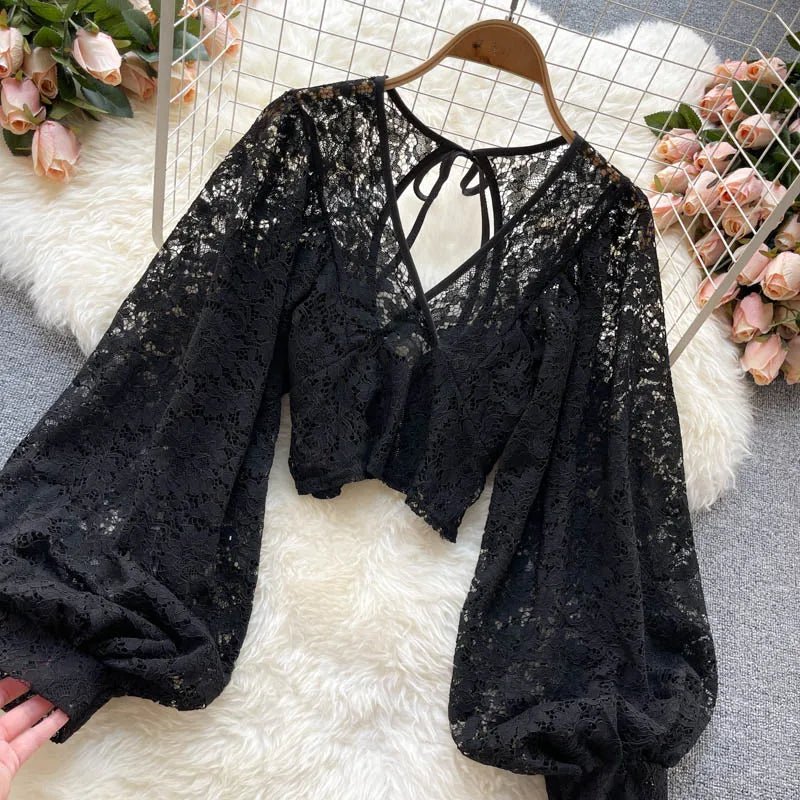 Autumn Black/White/Brown Sexy Lace Blouse Women Elegant V-Neck Puff Long Sleeve Open Back Short Tops Female Party Blusas 2021 - MAGUSTA BEAUTY
