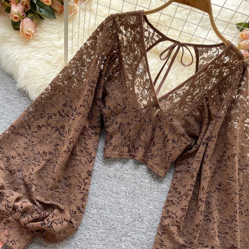 Autumn Black/White/Brown Sexy Lace Blouse Women Elegant V-Neck Puff Long Sleeve Open Back Short Tops Female Party Blusas 2021 - MAGUSTA BEAUTY