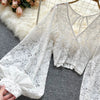 Autumn Black/White/Brown Sexy Lace Blouse Women Elegant V-Neck Puff Long Sleeve Open Back Short Tops Female Party Blusas 2021 - MAGUSTA BEAUTY