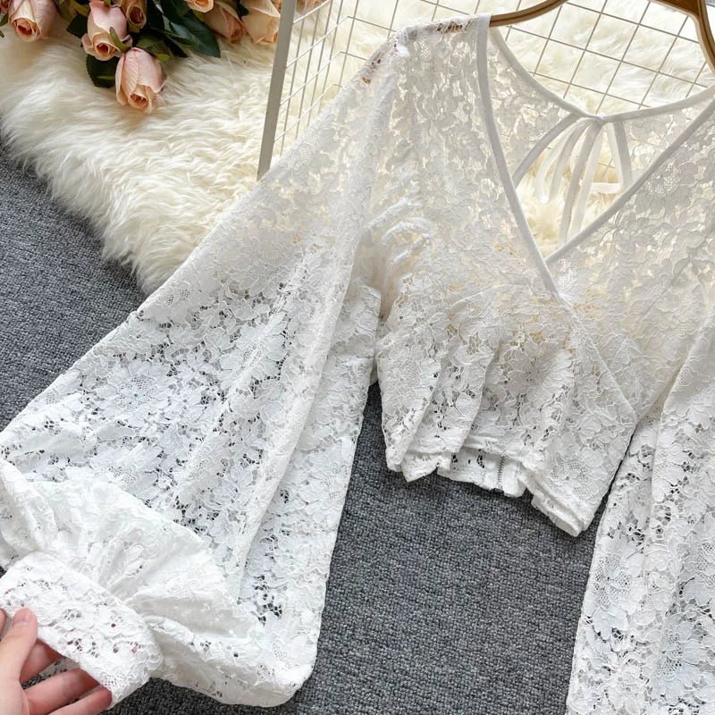 Autumn Black/White/Brown Sexy Lace Blouse Women Elegant V-Neck Puff Long Sleeve Open Back Short Tops Female Party Blusas 2021 - MAGUSTA BEAUTY