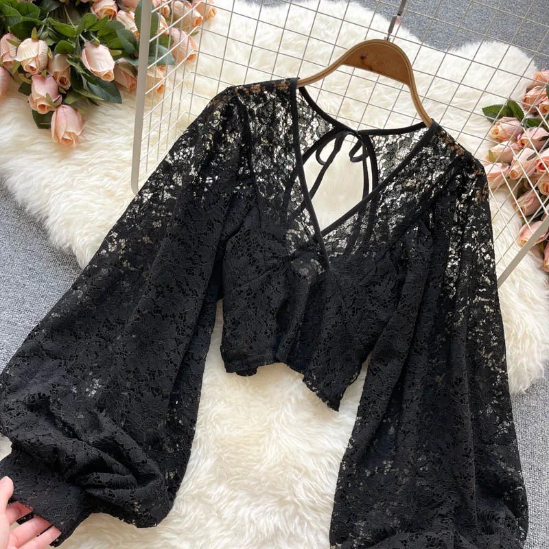 Autumn Black/White/Brown Sexy Lace Blouse Women Elegant V-Neck Puff Long Sleeve Open Back Short Tops Female Party Blusas 2021 - MAGUSTA BEAUTY