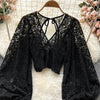 Autumn Black/White/Brown Sexy Lace Blouse Women Elegant V-Neck Puff Long Sleeve Open Back Short Tops Female Party Blusas 2021 - MAGUSTA BEAUTY