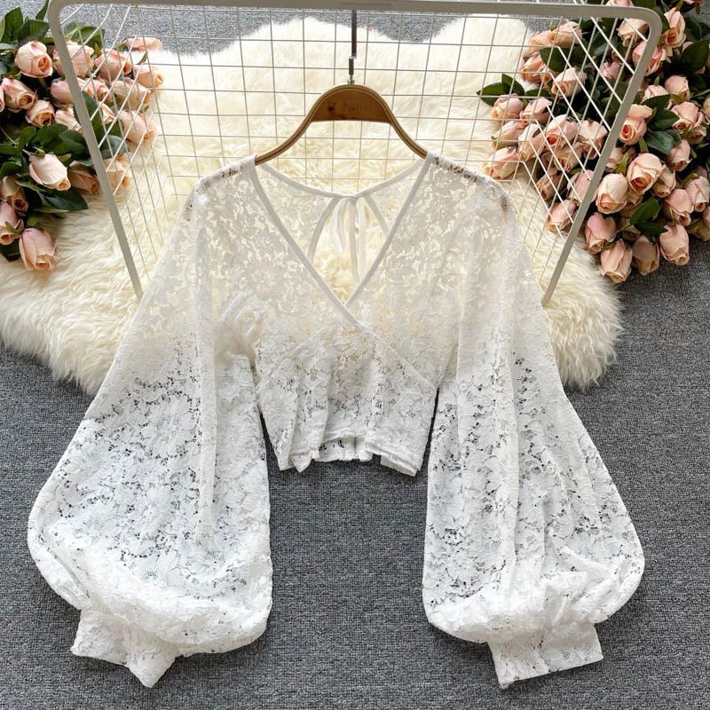 Autumn Black/White/Brown Sexy Lace Blouse Women Elegant V-Neck Puff Long Sleeve Open Back Short Tops Female Party Blusas 2021 - MAGUSTA BEAUTY