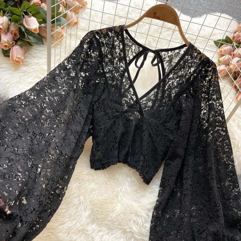 Autumn Black/White/Brown Sexy Lace Blouse Women Elegant V-Neck Puff Long Sleeve Open Back Short Tops Female Party Blusas 2021 - MAGUSTA BEAUTY