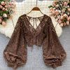 Autumn Black/White/Brown Sexy Lace Blouse Women Elegant V-Neck Puff Long Sleeve Open Back Short Tops Female Party Blusas 2021 - MAGUSTA BEAUTY