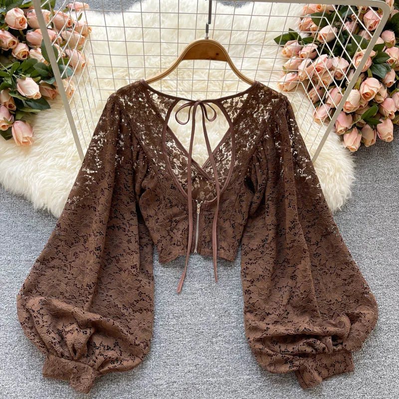 Autumn Black/White/Brown Sexy Lace Blouse Women Elegant V-Neck Puff Long Sleeve Open Back Short Tops Female Party Blusas 2021 - MAGUSTA BEAUTY