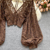 Autumn Black/White/Brown Sexy Lace Blouse Women Elegant V-Neck Puff Long Sleeve Open Back Short Tops Female Party Blusas 2021 - MAGUSTA BEAUTY