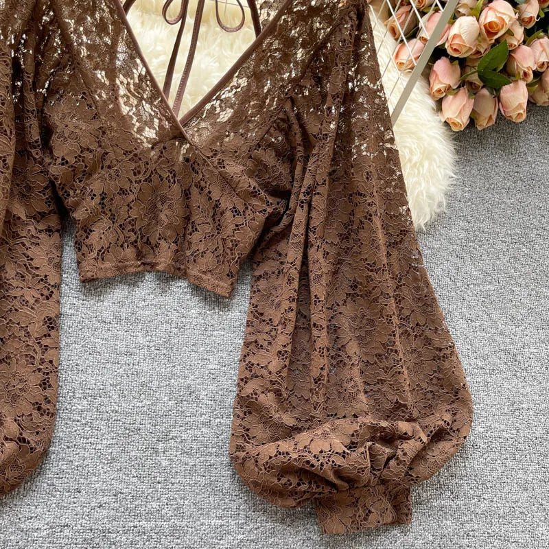 Autumn Black/White/Brown Sexy Lace Blouse Women Elegant V-Neck Puff Long Sleeve Open Back Short Tops Female Party Blusas 2021 - MAGUSTA BEAUTY