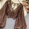 Autumn Black/White/Brown Sexy Lace Blouse Women Elegant V-Neck Puff Long Sleeve Open Back Short Tops Female Party Blusas 2021 - MAGUSTA BEAUTY