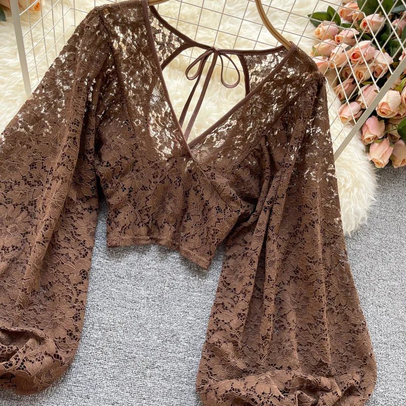 Autumn Black/White/Brown Sexy Lace Blouse Women Elegant V-Neck Puff Long Sleeve Open Back Short Tops Female Party Blusas 2021 - MAGUSTA BEAUTY