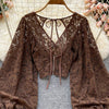 Autumn Black/White/Brown Sexy Lace Blouse Women Elegant V-Neck Puff Long Sleeve Open Back Short Tops Female Party Blusas 2021 - MAGUSTA BEAUTY