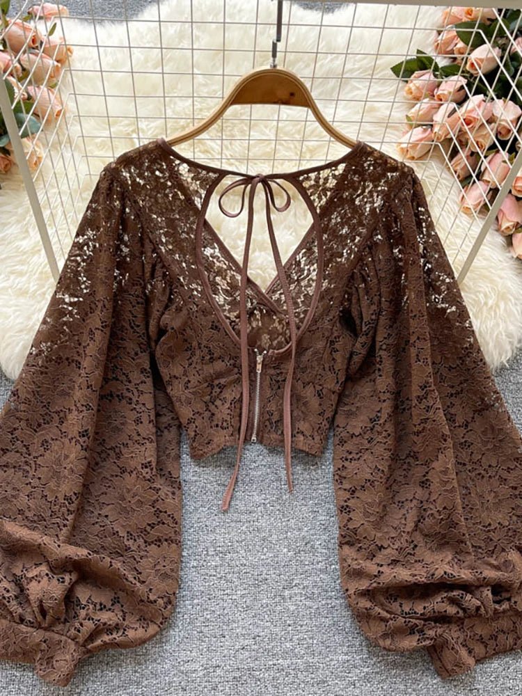 Autumn Black/White/Brown Sexy Lace Blouse Women Elegant V-Neck Puff Long Sleeve Open Back Short Tops Female Party Blusas 2021 - MAGUSTA BEAUTY