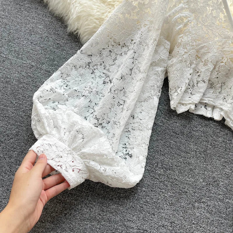 Autumn Black/White/Brown Sexy Lace Blouse Women Elegant V-Neck Puff Long Sleeve Open Back Short Tops Female Party Blusas 2021 - MAGUSTA BEAUTY
