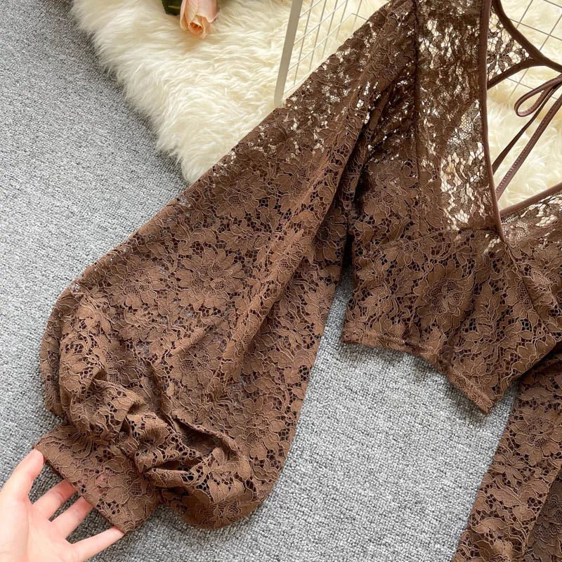 Autumn Black/White/Brown Sexy Lace Blouse Women Elegant V-Neck Puff Long Sleeve Open Back Short Tops Female Party Blusas 2021 - MAGUSTA BEAUTY