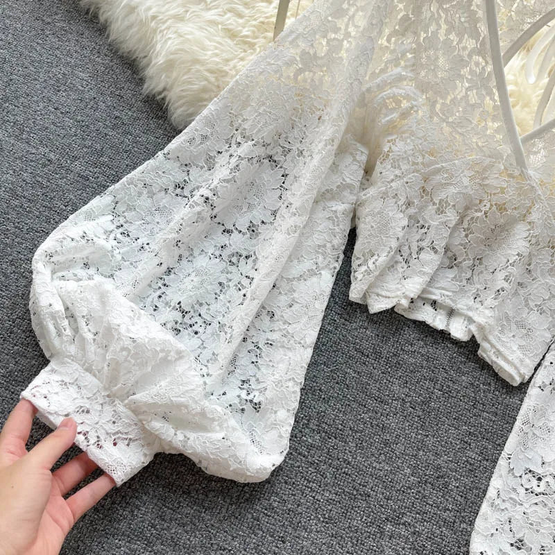 Autumn Black/White/Brown Sexy Lace Blouse Women Elegant V-Neck Puff Long Sleeve Open Back Short Tops Female Party Blusas 2021 - MAGUSTA BEAUTY