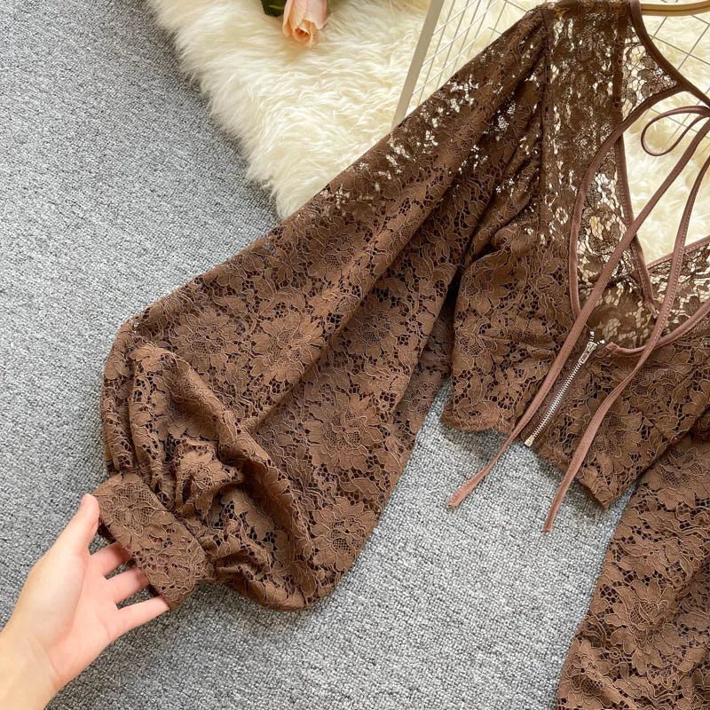 Autumn Black/White/Brown Sexy Lace Blouse Women Elegant V-Neck Puff Long Sleeve Open Back Short Tops Female Party Blusas 2021 - MAGUSTA BEAUTY
