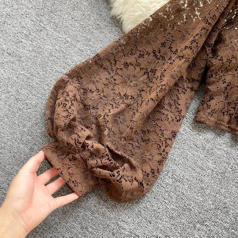 Autumn Black/White/Brown Sexy Lace Blouse Women Elegant V-Neck Puff Long Sleeve Open Back Short Tops Female Party Blusas 2021 - MAGUSTA BEAUTY