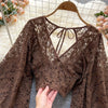 Autumn Black/White/Brown Sexy Lace Blouse Women Elegant V-Neck Puff Long Sleeve Open Back Short Tops Female Party Blusas 2021 - MAGUSTA BEAUTY