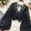 Autumn Black/White/Brown Sexy Lace Blouse Women Elegant V-Neck Puff Long Sleeve Open Back Short Tops Female Party Blusas 2021 - MAGUSTA BEAUTY