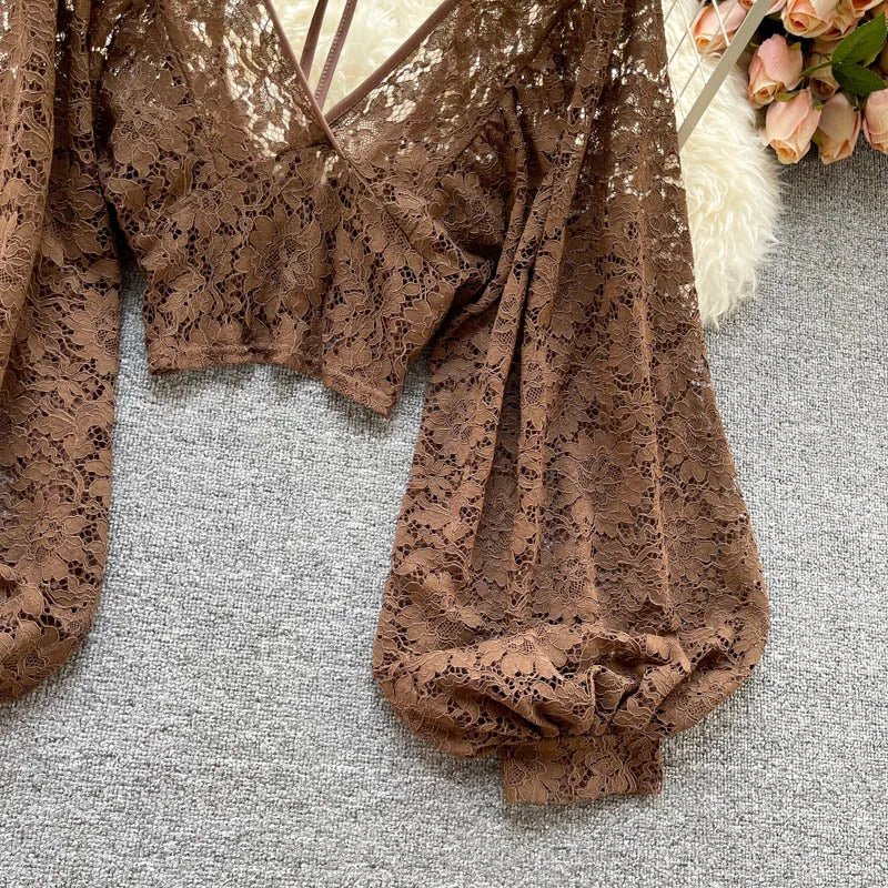 Autumn Black/White/Brown Sexy Lace Blouse Women Elegant V-Neck Puff Long Sleeve Open Back Short Tops Female Party Blusas 2021 - MAGUSTA BEAUTY