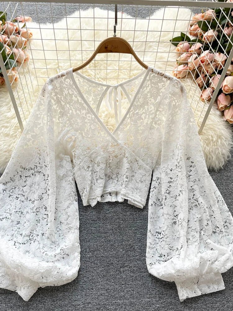 Autumn Black/White/Brown Sexy Lace Blouse Women Elegant V-Neck Puff Long Sleeve Open Back Short Tops Female Party Blusas 2021 - MAGUSTA BEAUTY