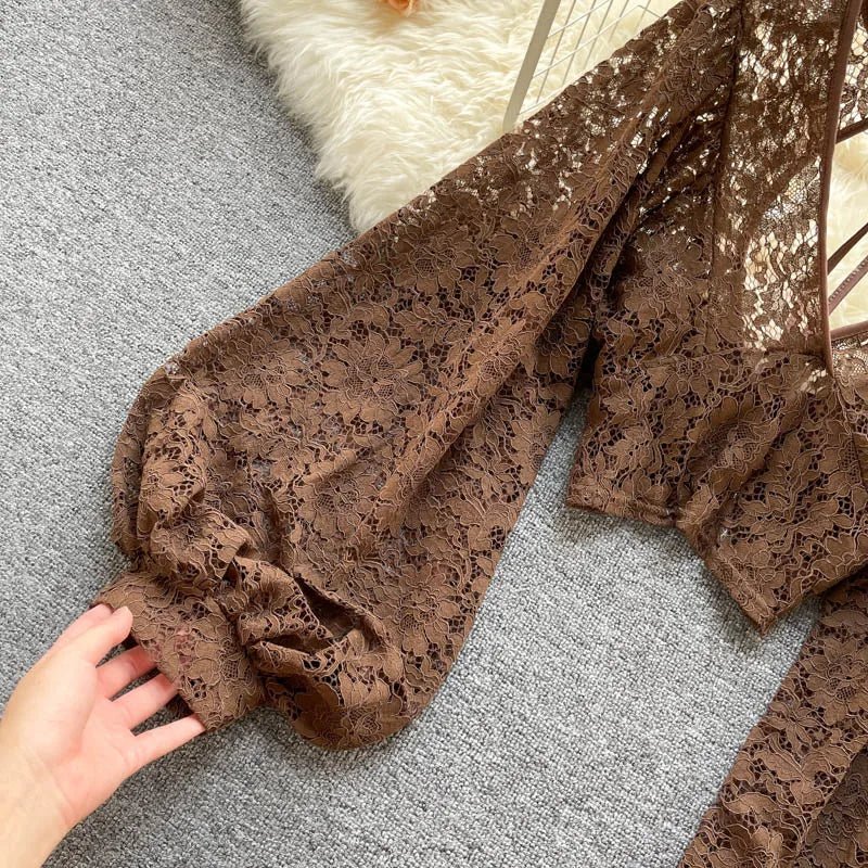 Autumn Black/White/Brown Sexy Lace Blouse Women Elegant V-Neck Puff Long Sleeve Open Back Short Tops Female Party Blusas 2021 - MAGUSTA BEAUTY