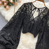 Autumn Black/White/Brown Sexy Lace Blouse Women Elegant V-Neck Puff Long Sleeve Open Back Short Tops Female Party Blusas 2021 - MAGUSTA BEAUTY