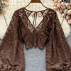 Autumn Black/White/Brown Sexy Lace Blouse Women Elegant V-Neck Puff Long Sleeve Open Back Short Tops Female Party Blusas 2021 - MAGUSTA BEAUTY