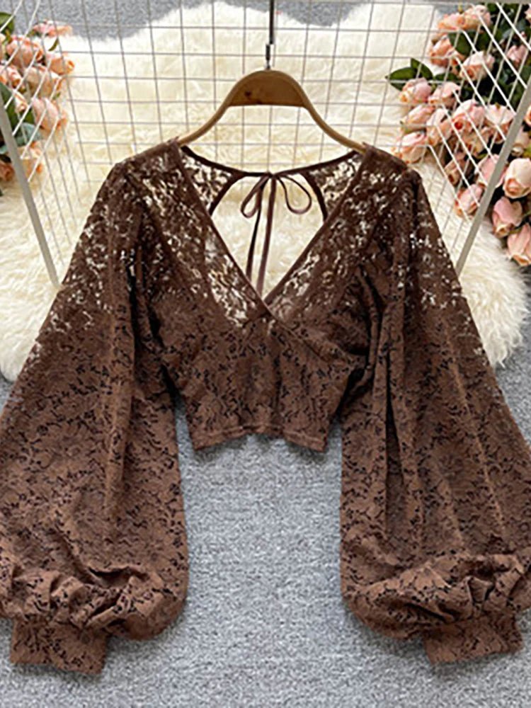 Autumn Black/White/Brown Sexy Lace Blouse Women Elegant V-Neck Puff Long Sleeve Open Back Short Tops Female Party Blusas 2021 - MAGUSTA BEAUTY