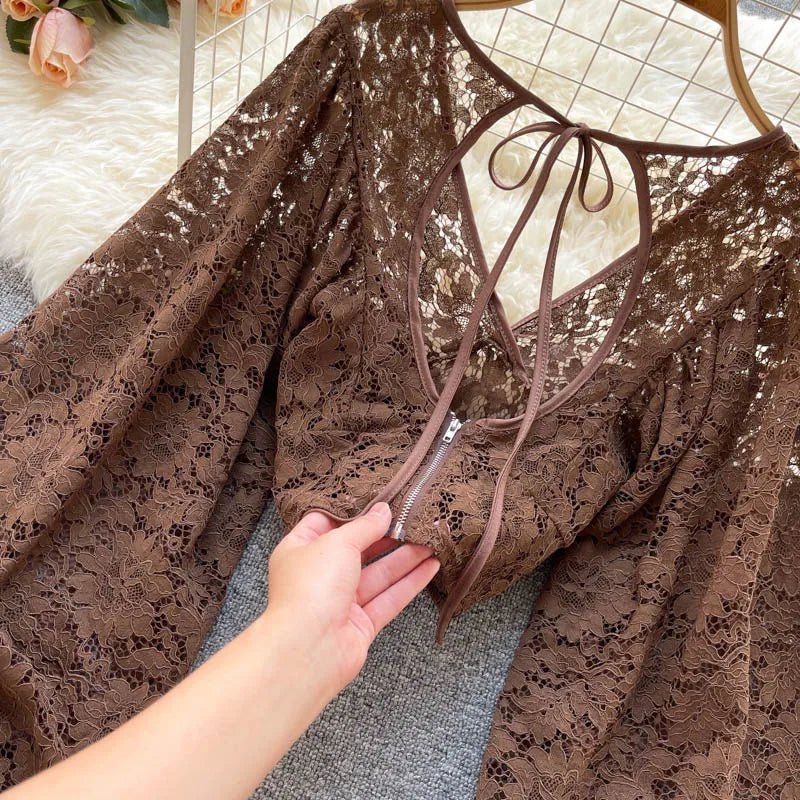Autumn Black/White/Brown Sexy Lace Blouse Women Elegant V-Neck Puff Long Sleeve Open Back Short Tops Female Party Blusas 2021 - MAGUSTA BEAUTY
