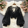 Autumn Black/White/Brown Sexy Lace Blouse Women Elegant V-Neck Puff Long Sleeve Open Back Short Tops Female Party Blusas 2021 - MAGUSTA BEAUTY