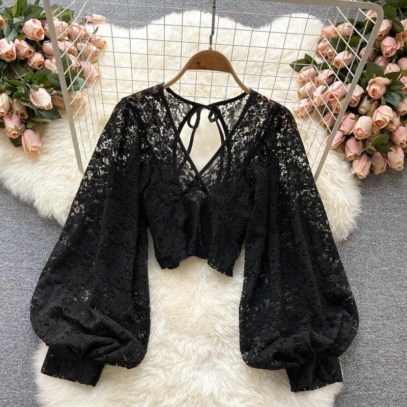 Autumn Black/White/Brown Sexy Lace Blouse Women Elegant V-Neck Puff Long Sleeve Open Back Short Tops Female Party Blusas 2021 - MAGUSTA BEAUTY