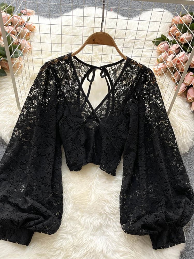 Autumn Black/White/Brown Sexy Lace Blouse Women Elegant V-Neck Puff Long Sleeve Open Back Short Tops Female Party Blusas 2021 - MAGUSTA BEAUTY