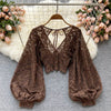 Autumn Black/White/Brown Sexy Lace Blouse Women Elegant V-Neck Puff Long Sleeve Open Back Short Tops Female Party Blusas 2021 - MAGUSTA BEAUTY