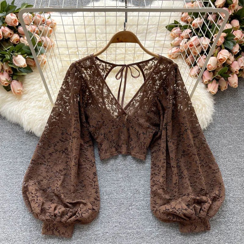 Autumn Black/White/Brown Sexy Lace Blouse Women Elegant V-Neck Puff Long Sleeve Open Back Short Tops Female Party Blusas 2021 - MAGUSTA BEAUTY