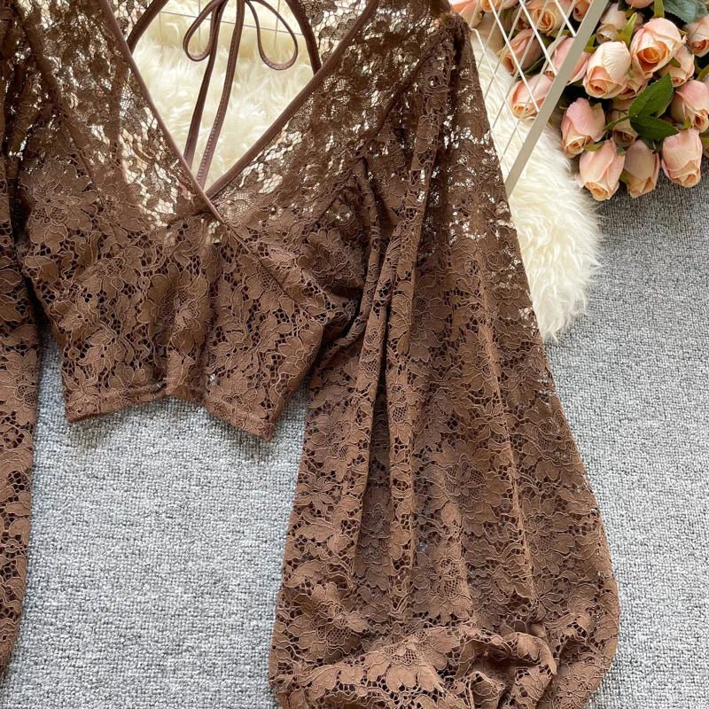 Autumn Black/White/Brown Sexy Lace Blouse Women Elegant V-Neck Puff Long Sleeve Open Back Short Tops Female Party Blusas 2021 - MAGUSTA BEAUTY